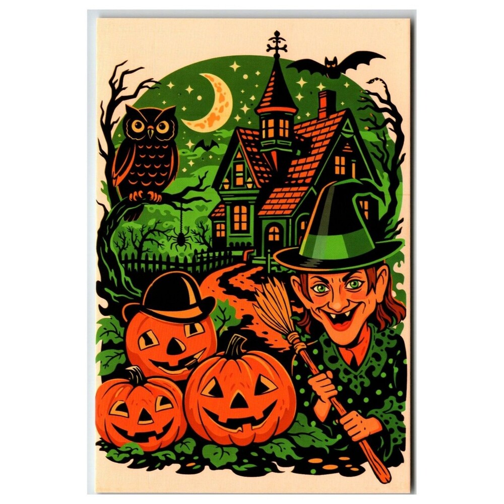 Vintage Style Halloween Postcard Witch Jack-O-Lantern Haunted House Owl Art